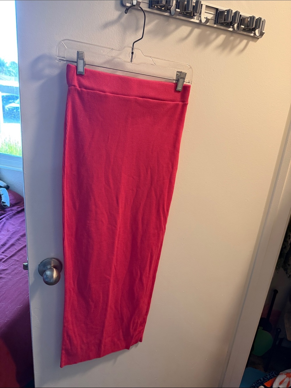 Women's Ribbed Midi Skirt in Bright Pink